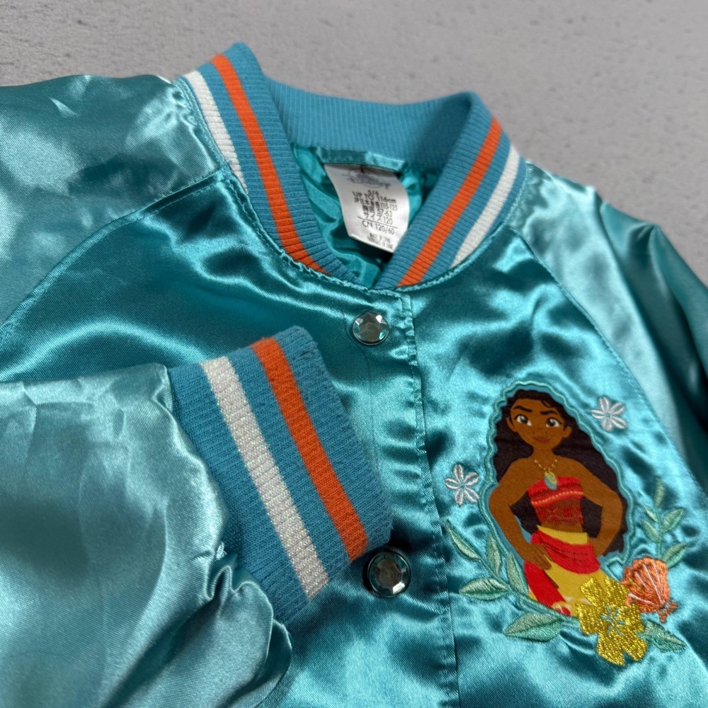 Disney Moana Teal Blue Satin Varsity Bomber Jacket Girls Size 5/6 Pua Hei Hei